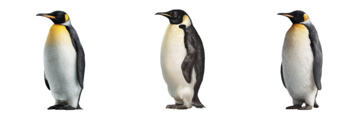Three Emperor Penguins Standing Side by Side with Black and White Feathers isolated on a transparent background