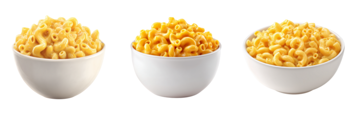 Three bowls of macaroni and cheese with elbow pasta and creamy cheese sauce isolated on a transparent background