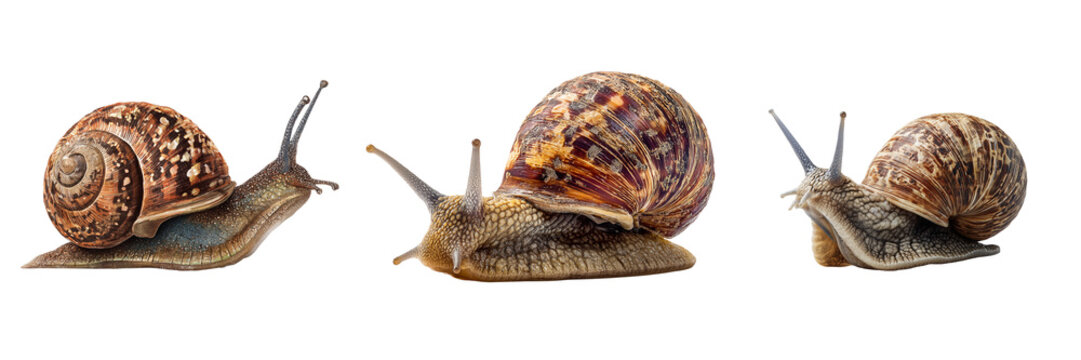 Three garden snails with detailed shells and bodies isolated on a transparent background