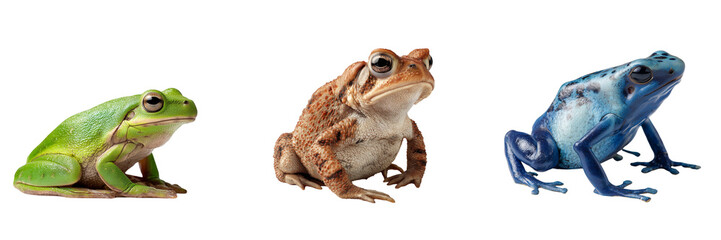 Green frog brown toad blue frog arranged side by side isolated on a transparent background image