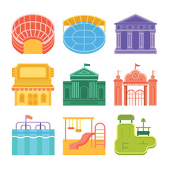 Obraz premium Public landmark and architecture icon set featuring stadium museum theater monument and civic buildings colorful flat vector illustration