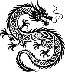 Full body black tribal dragon vector illustration with intricate patterns and fierce expression on transparent background