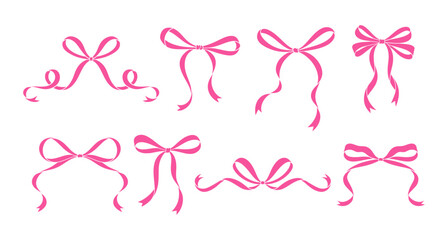 Coquette pink bows set, silhouettes. Drawings of cute whimsical vintage tied ribbons. Birthday, Wedding, Christmas, Valentine's gift in retro style. Girly hairstyle accessories, vector illustration.