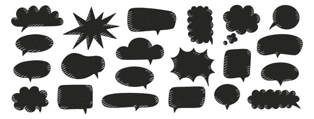 Crayon speech bubbles set. Chat talk boxes. Chalk draw silhouette frames. Kid doodle dialogue balloon clouds. Pencil drawing, black thought elements on white background. Vector illustration