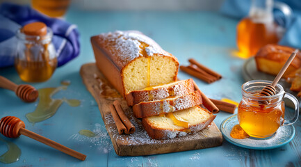 Creative food concept. Loaf of sliced drizzle honey, cinnamon butter bread cake with powdered sugar  on rustic serving board, blue wooden table. copy text space