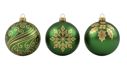 Three green christmas ornaments isolated on transparent background