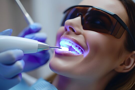 A dental expert uses advanced equipment to whiten a patient's teeth during an appointment. The patient wears protective glasses while the procedure is carried out