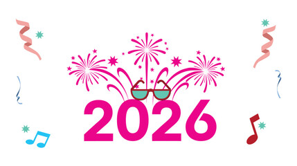 Happy New Year 2026 Celebration Design with Fireworks and Party Elements.