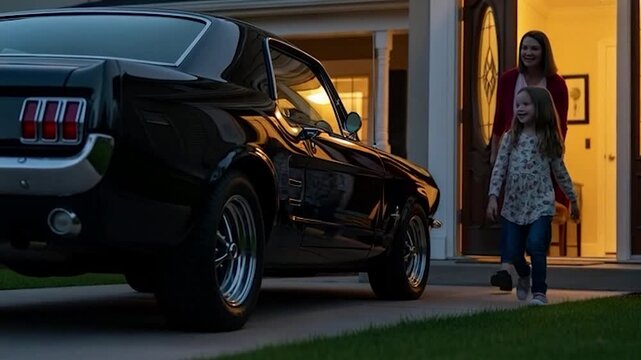 Black Classic Mustang Parked with Family at Door