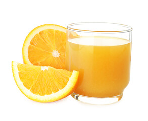 Fresh orange juice in glass and fruit slices isolated on white
