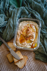 Homemade chickpea hummus recipe with a piece of bread