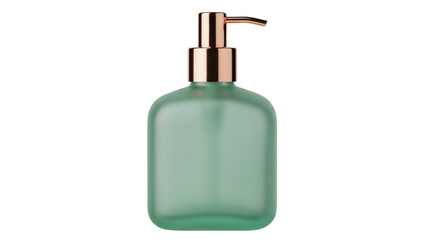 Elegant green glass soap dispenser with copper pump isolated PNG, modern bathroom accessory for hand hygiene and home decor on transparent