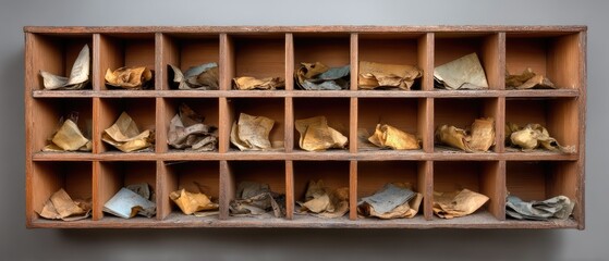 Old dusty storage room filled with a collection of paper documents arranged neatly on wooden shelves