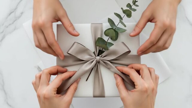 Woman tying a ribbon on a white gift box with eucalyptus for celebration. Holiday present for Christmas or birthday.