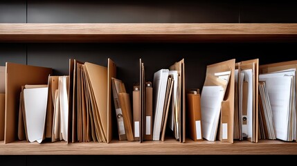 Detailed view of organized shelves filled with old documents and manila file folders in a modern office setting