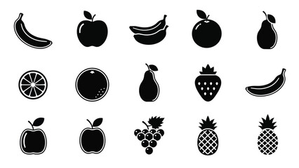 A collection of various black silhouette fruits displayed in a grid arrangement