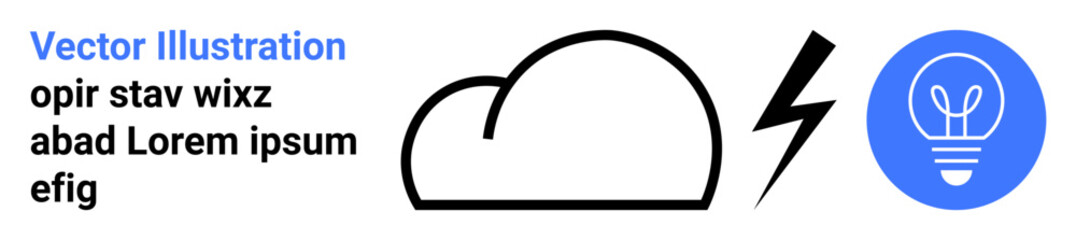 Energy generation, sustainable ideas, innovation, electricity, creativity, power usage. Cloud, lightning bolt lightbulb in a minimalistic style. Innovation and energy generation
