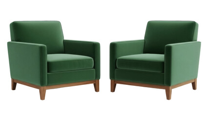 Two green velvet armchairs isolated PNG on transparent background, modern accent chairs for living room or lounge area decor