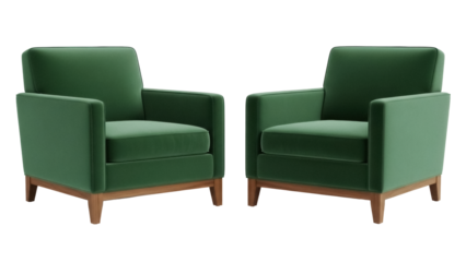 Two green velvet armchairs isolated PNG on transparent background, modern accent chairs for living room or lounge area decor