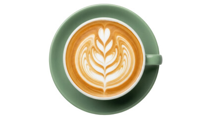 Latte art in green cup isolated PNG, coffee drink with heart and leaf pattern on transparent background, cafe beverage