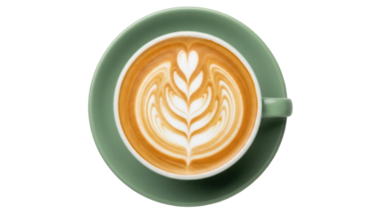 Latte art in green cup isolated PNG, coffee drink with heart and leaf pattern on transparent background, cafe beverage