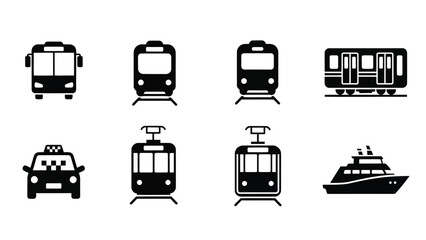 Various public transportation icons including buses trains taxis and a ship