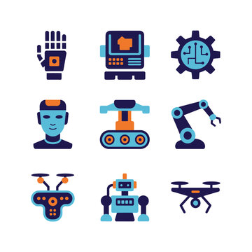 Humanoid robot and smart machinery icon set with android drone robotic arm gear symbols, future automation flat vector illustration
