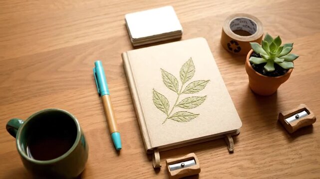 Sustainable desk setup, nature-inspired notebook, bamboo pen, and succulent