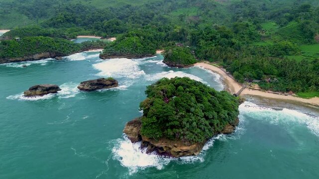 4K Aerial View of Ngliyep Beach on the Southern Java Coast, Malang, East Java