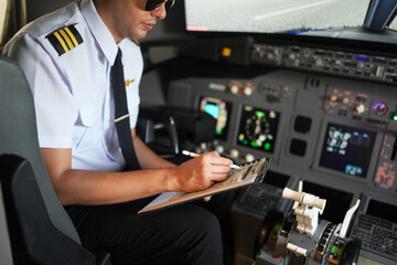 Handsome male pilots preparing flight documentation, checking paper flight plan, log book and air traffic before take off and landing. Or in simulator flight machine. © Kathy Kate