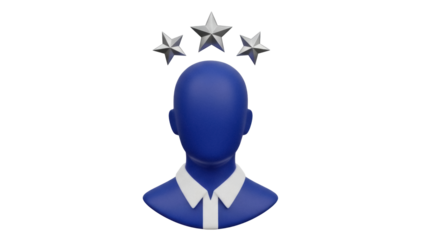 Blue faceless man with three stars isolated PNG, 3D rendering of a leader or manager on transparent background