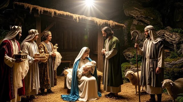 Divine Christmas Nativity, holy birth of Christ, Virgin Mary cradling infant, Joseph nearby, three majestic wise men offering gifts, 