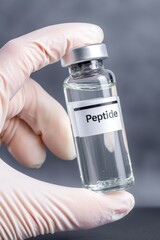 Medical vial labeled peptide held in a gloved hand, showcasing the pharmaceutical product with a clear liquid, emphasizing safety and precision in healthcare settings