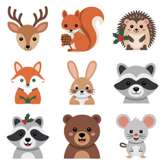 Obraz premium Cute woodland animal character icon collection with fox deer hedgehog raccoon bear mouse, playful flat vector illustration
