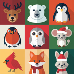 Obraz premium Festive woodland animal portrait icon collection with fox deer owl rabbit bear, colorful christmas flat vector illustration design