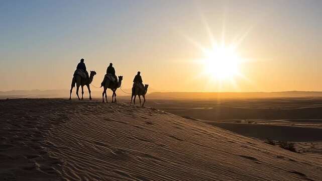 Three ancient wise travelers on camels journey across a vast golden desert at sunset, following a bright guiding star in the sky for a holy Christmas nativity pilgrimage.