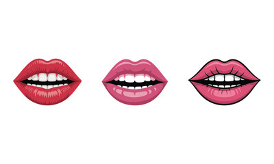 Three Open Mouths with Red and Pink Glossy Lips on White Background.
