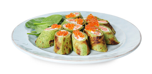 Tasty spinach crepes with salmon, cream cheese, red caviar and leaves isolated on white