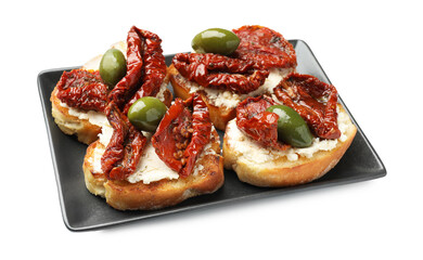 Delicious bruschettas with cream cheese, sun-dried tomatoes and green olives isolated on white