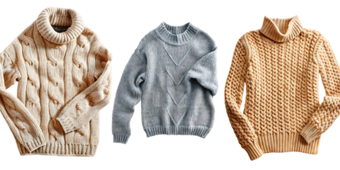 Three Knitted Sweaters isolated on a transparent background beige gray yellow