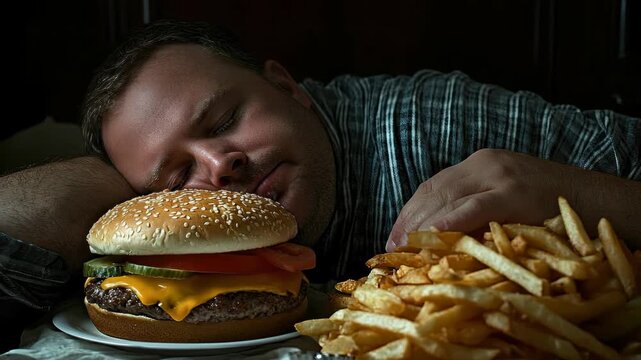 Obese man sleeping near unhealthy fast food, symbolizing poor diet and high calorie eating habits, the dangers of trans fats and obesity.