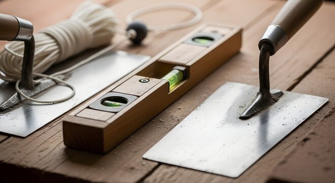 Construction tools including level, trowel, and string line on wood  