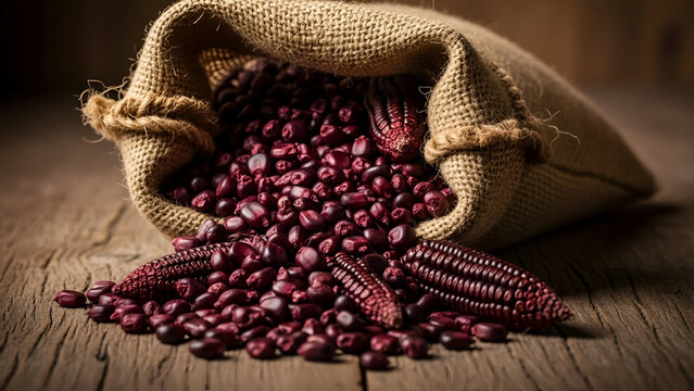 Purple Corn Kernels Spill From Burlap Sack