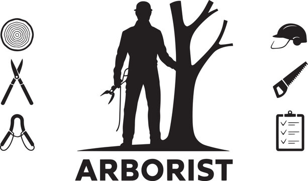 Arborist banner with various tree care tools silhouette vector illustration set