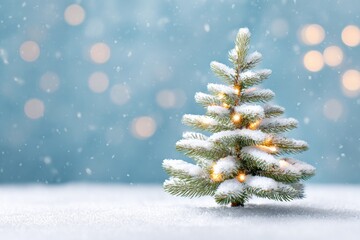 Obraz premium Small snowy Christmas tree adorned with warm glowing lights, surrounded by a soft blanket of snow, creating a cozy winter holiday atmosphere with enchanting bokeh background