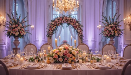 Elegant wedding table setting with floral decorations, candles, and soft romantic lighting