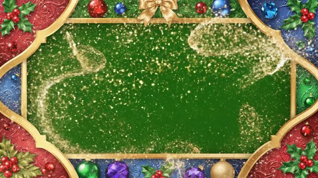 Christmas event video frame with green screen background, featuring festive border of red, blue, and gold decorations with glitter effects.