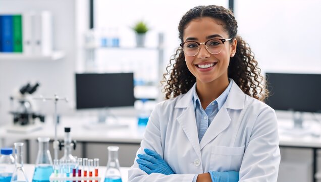 Portrait of a confident female scientist in a modern laboratory. Smiling young researcher in a lab coat with arms crossed. Science and medical research concept