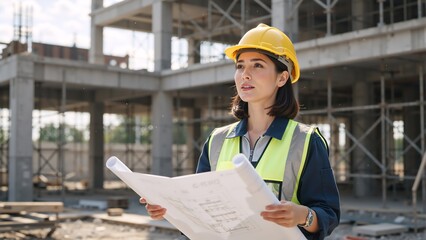 A confident female engineer holding a blueprint at a construction site. Professional woman architect in a hard hat inspecting a building project