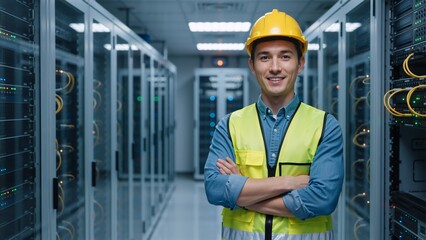 Portrait of a smiling IT technician in a data center. Professional male engineer in a hard hat standing with arms crossed in a server room corridor